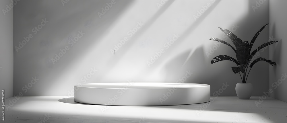 Poster Minimalist Studio Interior with Circular Display Platform and Potted Plant, Bathed in Natural Light Creating a Serene Atmosphere Ideal for Modern Design Concepts