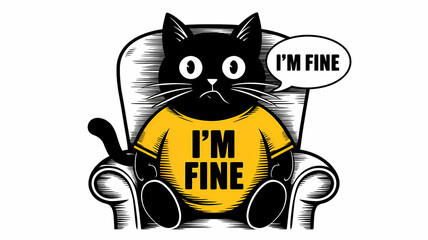 Funny cat with the inscription. I'm fine. Animal art.