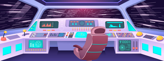 Futuristic spaceship cockpit. Hyper jump view from space station cabin with high tech control panel, pilot seat and cosmic backdrop. Cartoon interstellar travel vector illustration. © WinWin