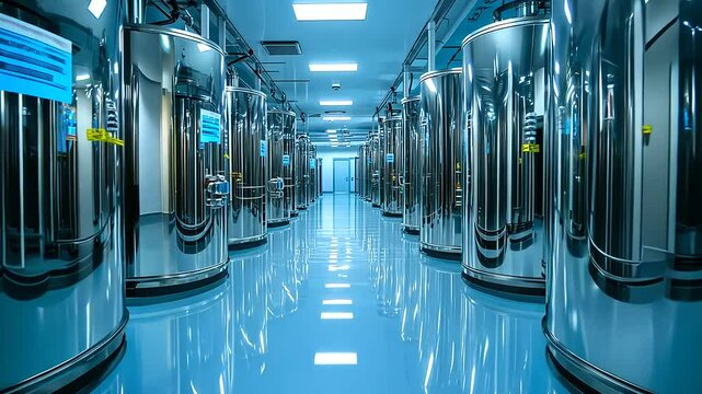 Inside a modern bioprocessing plant, massive stainless steel bioreactors stand tall, their curved bodies reflecting the sterile environment. The network of pipes running between th