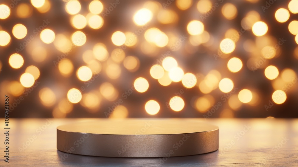 Aufkleber A circular pedestal rests on a surface illuminated by soft, warm lights in the background, creating an inviting atmosphere perfect for showcasing objects or presentations.
