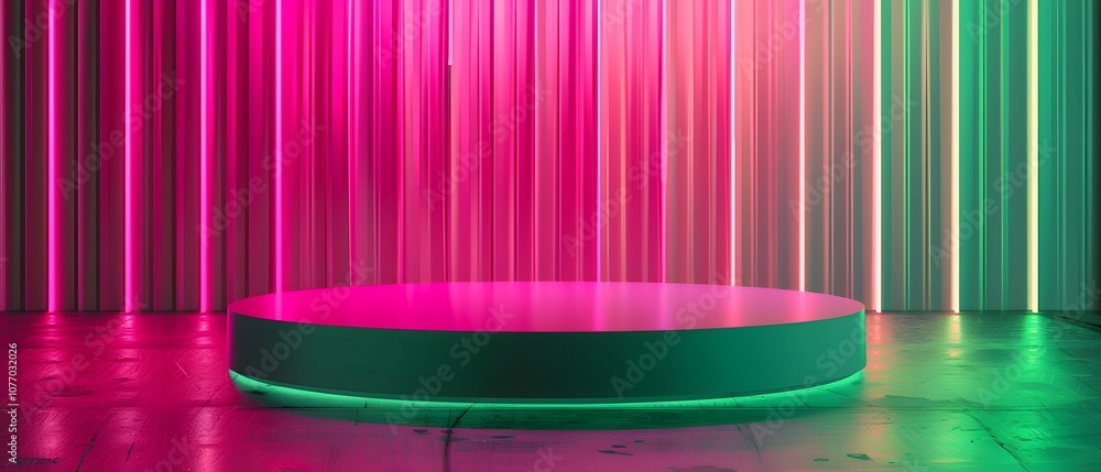 Poster futuristic stage with vibrant neon lighting and abstract vertical stripes creating a dynamic atmosph