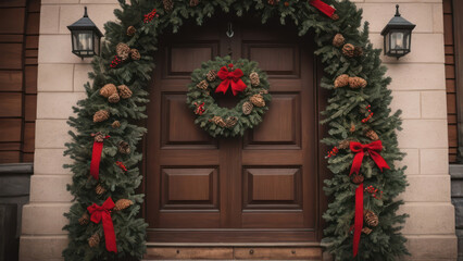 Fototapeta premium An entrance door beautifully decorated with a Christmas wreath made of fresh pine branches, red berries, pine cones, and a bow.