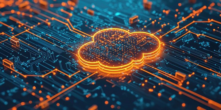 A glowing network of devices connected to a central cloud symbol, illustrating the concept of cloud computing and storage.