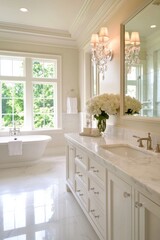 Fototapeta premium A bright, elegant bathroom featuring a marble countertop, vintage-style fixtures, a luxurious bathtub, and abundant natural light from large windows.