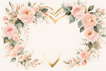 A white and blush watercolor background with delicate gold foil accents featuring a heart shaped, Ai Generated