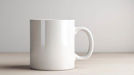 Fototapeta premium A clean, white coffee mug placed on a wooden table, ideal for branding and beverage photography.