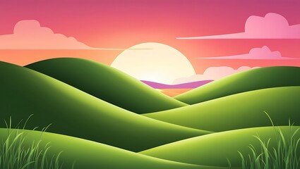 Obraz premium Sunset over Rolling Green Hills and Grass