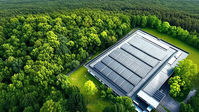 A data center complex with expansive solar panel arrays across its roof, viewed from an aerial perspective. The surrounding landscape of vibrant green trees and grass creates a str