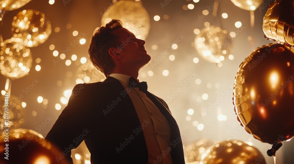 Aufkleber a man in a tuxedo stands in a dimly lit room, looking up at a cluster of golden balloons. the room i