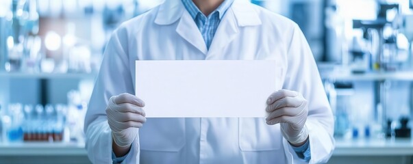 Scientist with blank name tag in hightech lab, experiment graphic, professional research setting