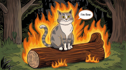 Funny cat with the inscription. I'm fine. Animal art.