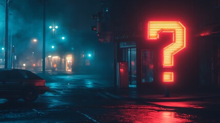 A large neon question mark sign glows brightly in the rain on a foggy night.