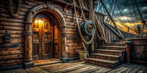 Fototapeta premium Wooden Ship Doorway with Sunset View, Nautical, Seafaring