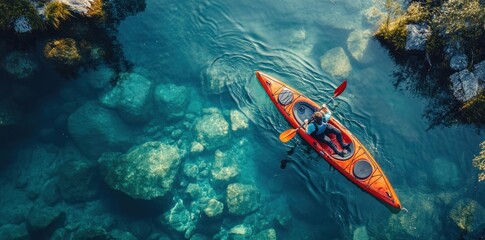 A lone kayaker paddles through a tranquil turquoise lake, surrounded by rocks and vegetation.