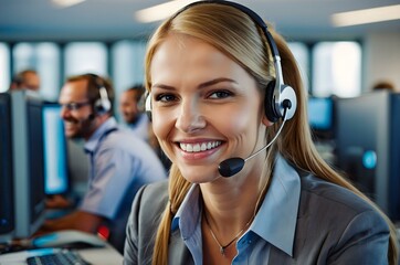 Young blonde woman in business attire and headset assists customers as a call center agent in a modern blue office