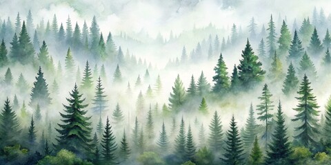 Fototapeta premium Watercolor Painting of a Misty Forest with Tall Pine Trees, watercolor, illustration , nature