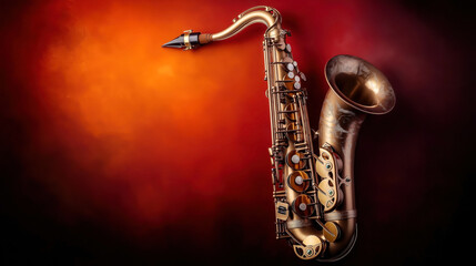 Fototapeta premium Close-up of a brass saxophone with intricate details against a vibrant red and orange gradient background