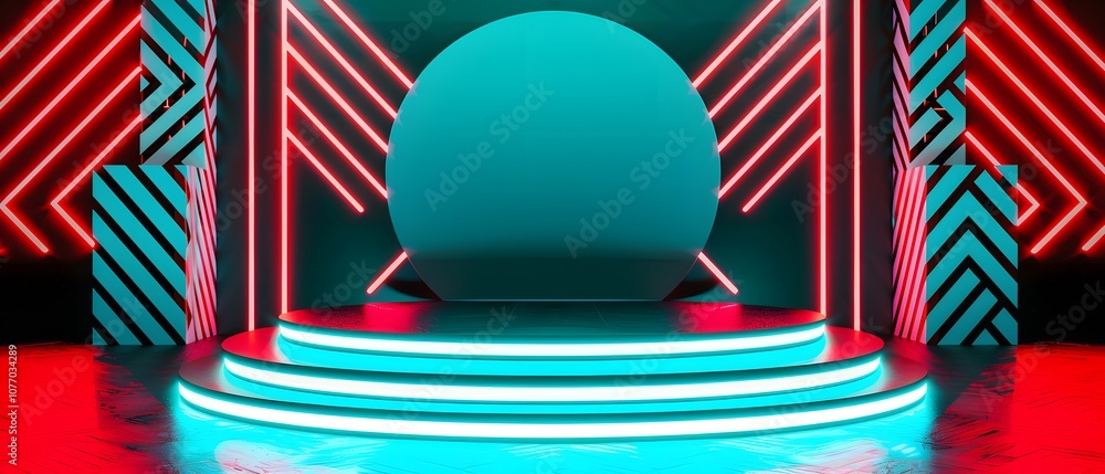 Poster futuristic stage design with neon lights and circular backdrop ideal for event, showcase, creative p