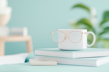 Morning Ritual: A serene scene of a white mug, stylish glasses, and a stack of books, hinting at a moment of quiet reflection and productivity. The soft blue background adds a calming touch.