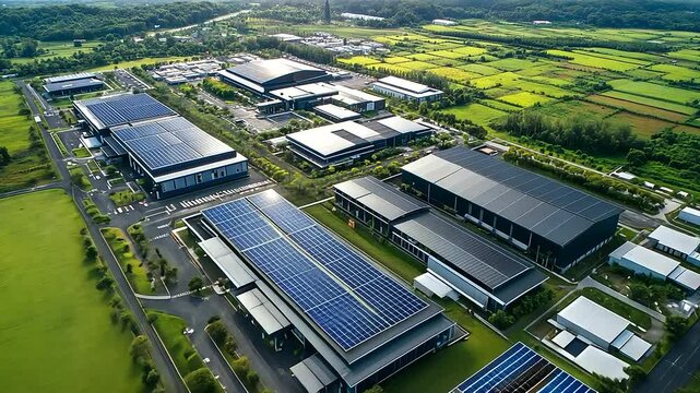 A large-scale data center seen from above, solar panels covering the rooftops of the buildings, surrounded by rich greenery and open fields. The view captures the essence of renewa