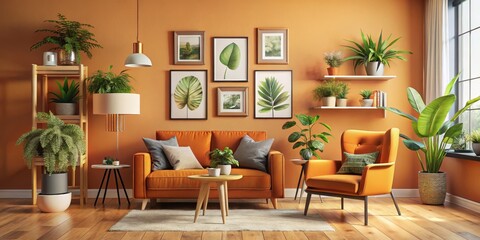 Fototapeta premium Orange Living Room with Green Plants and Framed Art, interior design, home decor, living room design