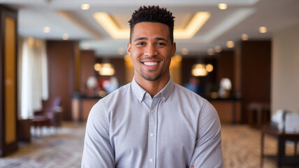 Fototapeta premium Smiling Black male professional in a smart shirt, standing confidently in a stylish hotel lobby with warm lighting and a welcoming atmosphere.