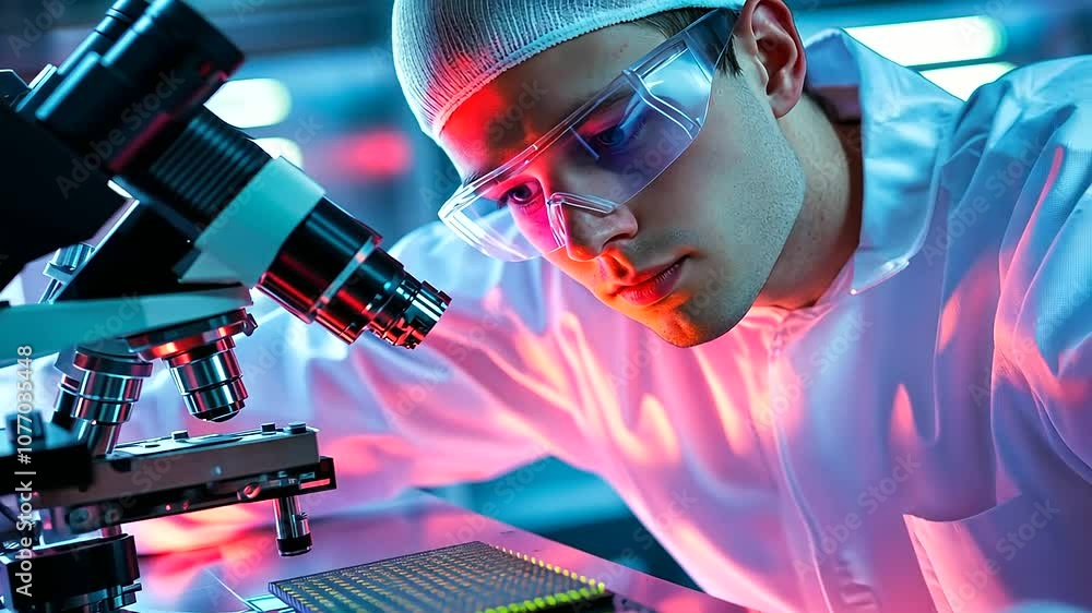 Aufkleber a scientist in a white cleanroom suit is captured in an intense close-up, carefully analyzing the mi