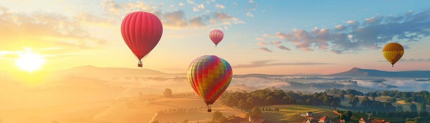Obraz premium Hot air balloons floating over a picturesque landscape vibrant colors