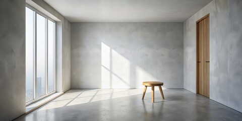 Fototapeta premium Minimalist Interior Design A Single Stool in a Room with Large Window and Door, Interior Design, Minimalism