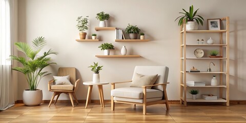 Fototapeta premium Minimalist Living Room with Wooden Shelves and Plants, Interior Design, Home Decor, Living Room Furniture ,interior design, home decor