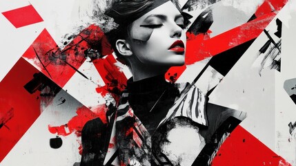 Dynamic woman amidst bold red and black strokes.