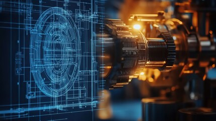 A side-by-side comparison of a blueprint and the physical machine being assembled by a mechanical engineer.