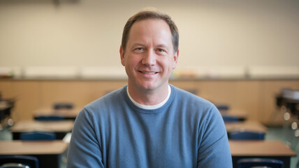 Fototapeta premium A smiling middle-aged Caucasian male teacher in a classroom, warmly engaging with students in a bright, inviting learning environment.