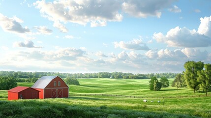 Obraz premium Idyllic farm with a red barn green fields