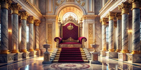 Fototapeta premium Golden Throne Room with Marble Columns and Red Carpet, Throne, Palace , Royalty