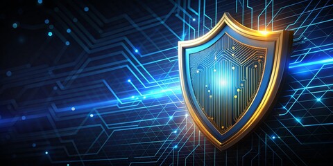 Fototapeta premium Golden Shield with Circuitry on Blue Background, Cybersecurity, Data Protection