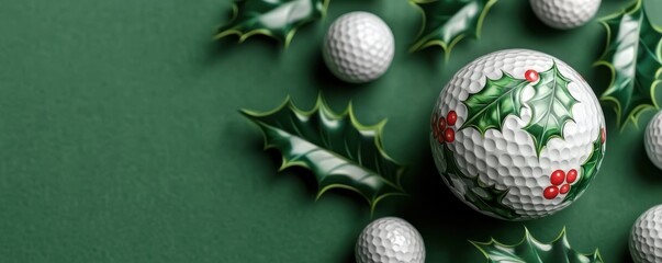 A festive arrangement of golf balls and holly leaves on a green background, blending sports and holiday themes.