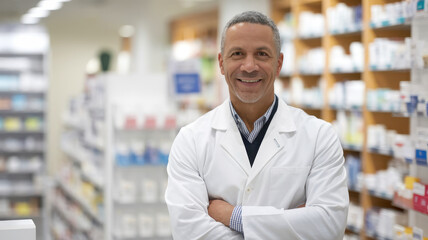 Fototapeta premium Smiling male pharmacist of Hispanic descent standing confidently in a pharmacy, surrounded by shelves of medication and health products.