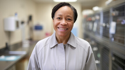 Obraz premium Smiling African American female veterinarian in a clinic, exuding warmth and professionalism amid a clean, well-organized environment.