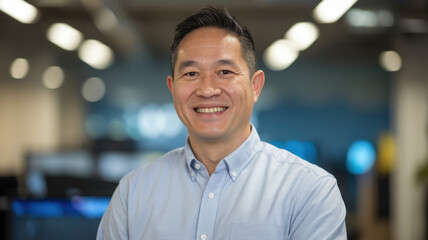 Fototapeta premium Smiling Asian man in a blue shirt stands confidently in a modern office setting, conveying a friendly and approachable demeanor.