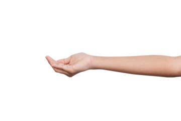 Girl hand open and ready to help or receive. Gesture isolated on white background with clipping path.