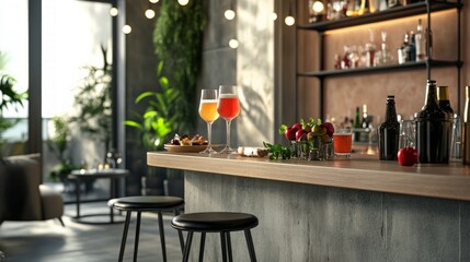 Chic Bar Scene, modern bar table with elegant high stools, vibrant cocktails and delectable appetizers, set in a fashionable atmosphere perfect for social gatherings