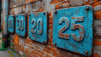 Weathered blue metal number plates on a rustic brick wall, showing 00, 10, 20, and 25, creating an industrial and vintage ambiance