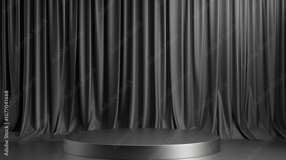 Poster elegant black stage with draped curtains and round platform ideal for presentations, performances, o