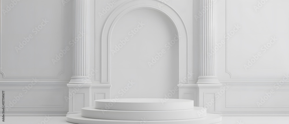 Poster Elegant White Minimalist Stage with Round Platform and Classic Architectural Details for Photography and Product Display in a Bright Studio Setting