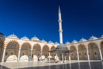 Grand Camlica Mosque (Turkish: Büyük Çamlıca Camii) and inner yard of the mosque with fountain...
