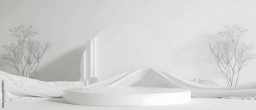 Poster elegant and minimalist studio setup with soft white fabrics and artistic plant illustrations for pho