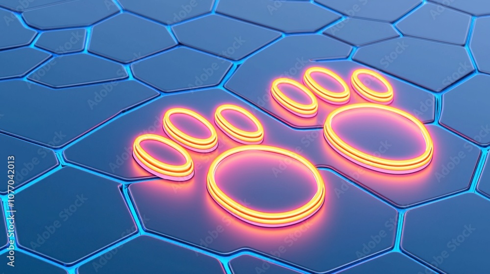 Poster neon animal paw prints on futuristic hexagonal pattern background, illuminated graphic design concep