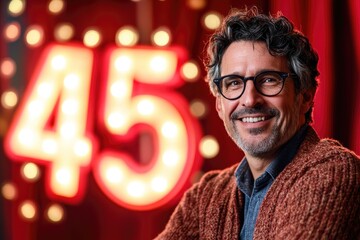 Smiling man celebrating 45th birthday with lighted sign